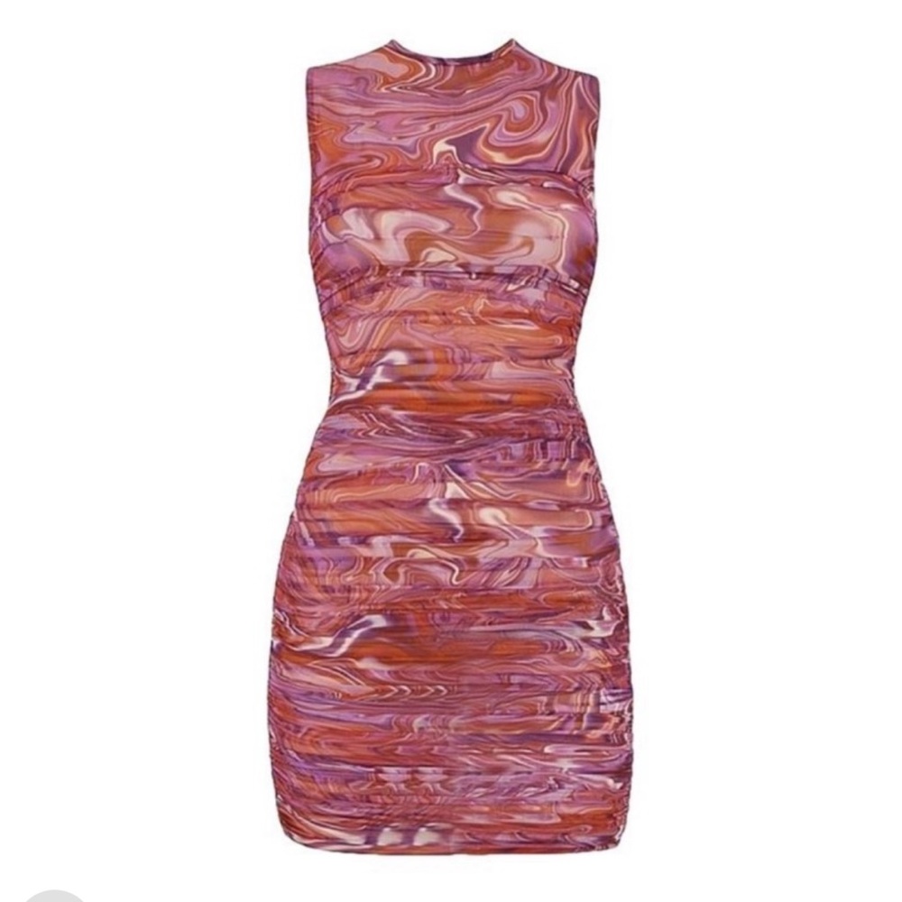 House of CB Pink and Orange Marble Print Ruched Bodycon Dress